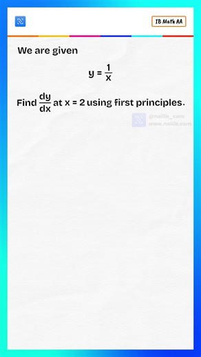 IB loves asking this exact derivative — and most students overthink it Using first principles, we break down y equals to one divided by x step by step and land cleanly on the answer: minus one by four at x equals to two. Simple. Logical. No shortcuts — just concepts Save this for revision & follow for more IB Math hacks #IBMath #FirstPrinciples #DerivativesMadeEasy #IBStudents #MathSimplified #CalculusBasics #StudySmart #ExamPrep #IBRevision #learnmathfast