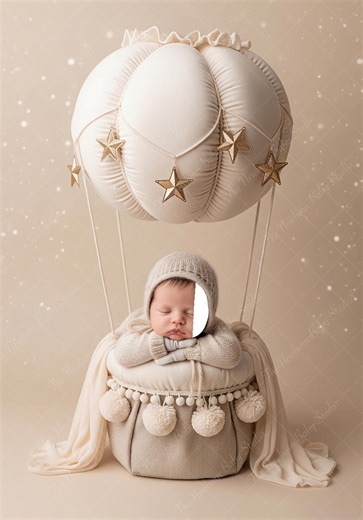 Hot Air Balloon Newborn Backdrop Face Insert, Neutral Baby Digital Background, Boho Balloon Cream Newborn Prop, Face Insert Composite PSD - Etsy