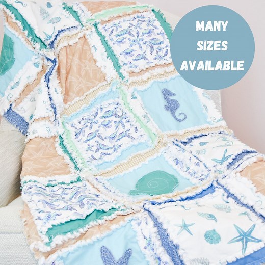 Beach Theme Nursery Ocean Baby Quilt – Nautical Crib Bedding, Seascape Blanket, Seashells Coastal Decor, Blue Beige Emerald | Newborn Gift - Etsy