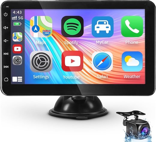 Portable Car Stereo Wireless Apple CarPlay & Android Auto, Drivemate, 7" FHD Touchscreen Car Audio Receiver, Bluetooth, Rear Camera, AUX/AV in/USB