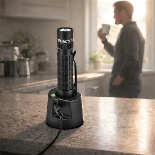 Charged and ready. MAG-TAC LED Rechargeable Plain Bezel Flashlight System