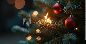 Close-up of a burning Christmas tree with red ornaments and glowing lights. Fire flames create a dramatic and alarming scene, festive decorations and evergreen branches. Dangerous situation