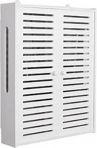 Wandregal aus PVC für WLAN-Router & Steckdosen - 2 höhenverstellbare Ebenen mit Schwingtüren - Staubsicheres Kabelmanagement (Kabelbox) - Platzsparend für Wohnzimmer/Büro - Montagefreundlich