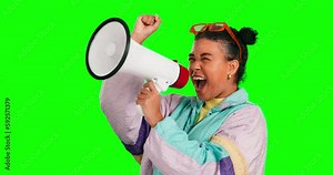 Green screen megaphone, scream and woman protest human rights, government change or freedom revolution voice. Female voice broadcast, chroma key communication or profile speaker on studio background