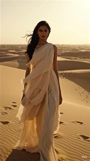 desert wind walk cinematic indian model bold fashion sand gown short