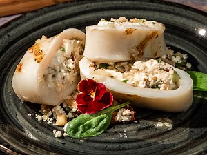 Feta and Walnut Stuffed Squid with Garlic Sauce