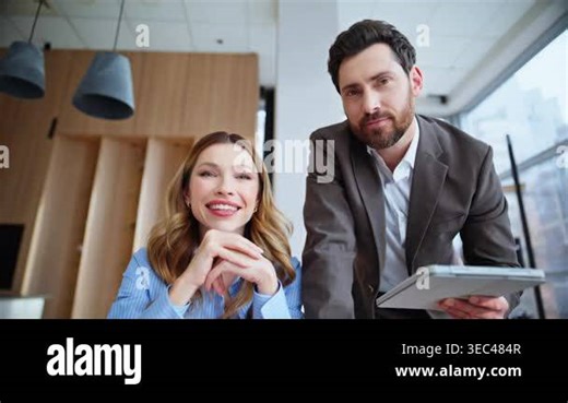 Pov video consultants talking webcam conducting online meeting corporate client closeup. Smiling businessman businesswoman have virtual conference discussing successful project remotely. Team web chat Stock Video Footage - Alamy