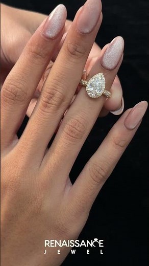 Yellow gold Pear Halo Diamond Ring with Pave Band and Prong Setting