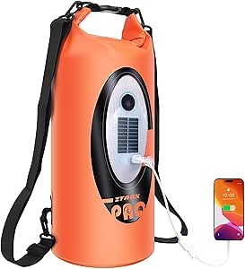 FELICON Solar/Battery Powered Multi-Functional Backpack with Bluetooth Speaker,IP66 Waterproof Dry Bag,Heavy Duty Roll Top Closure,Large Capacity Bag for Camping,Hiking,Traveling (Orange 10L)