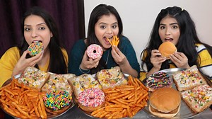 167K views · 6.2K reactions | Spicy Masala FRENCH FRIES, Donuts, BURGER and SANDWICH Eating Challenge | Food Challenge | Ding Dong Girls | Facebook