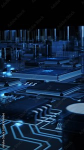 Flying over a futuristic circuit board with moving electrons ending on the CPU. Transparent blue. Technology background.