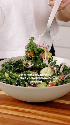 Nicole Keshishian | KALEJUNKIE® on Instagram: "THE BEST GREEK KALE SALAD by @kalejunkie, so you know it’s going to be good! I am using @athenosfeta to bring this salad to life, with its creamy and tangy taste that I absolutely love! #AthenosPartner You can find Athenos feta at retailers nationwide! This salad is so good, and if you want, you can add your favorite protein on top. I often make this for dinner and add grilled chicken–SO GOOD!⁣ ⁣ 1 bunch curly kale, washed, and chopped into small pi