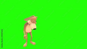 Sad depressed lonely animated cartoon dog hound canine pooch mutt character stands and cries with head in arm multiple times in front of green screen background