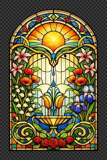 Download free png of PNG Vibrant floral stained glass window by Jo about png, flowers, patterns, art, and sun 26143062