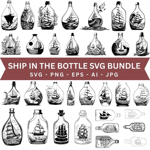Ship in the Bottle Svg, Drawing in A Bottle Svg, Nautical Digital File, Free Commercial Use, Sailboat in the Bottle, Clip Art Set - Etsy Australia