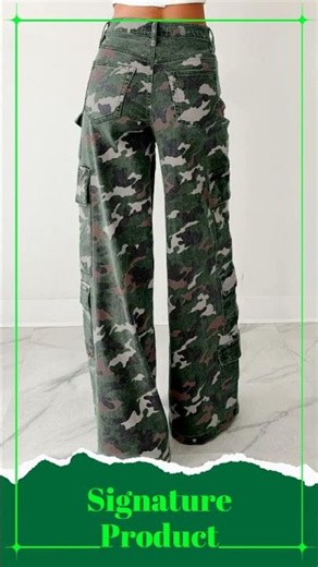 Green Camo Denim Cargo Wide Leg Multi-pocket Pants for Women