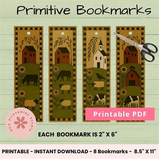Primitive Americana Printable Bookmarks, Saltbox House, Sheep, Cows, Church Collage Sheet, Folk Art Book Lover Gift, Prim Designs - Etsy