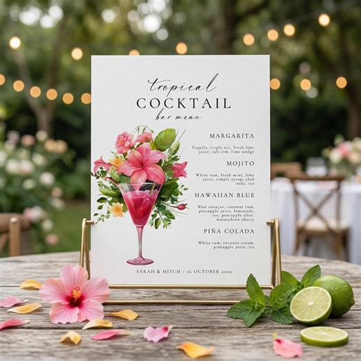 Tropical Cocktail Bar Menu Sign Template, Editable Wedding Bar Sign, Tropical Wedding Decor, Signature Drinks Sign, Canva Template, 8x10 - Etsy