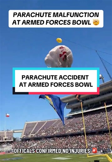 A parachuting accident during the Armed Forces Bowl caused one parachutist to drift off course and collide with the field goal netting before landing! Officials confirm there were no injuries. The parachutist was able to stand up and declined medical treatment ahead of the Texas State vs Rice Bowl Game… #ArmedForces #CFB #TexasState #Rice #CollegeFootball