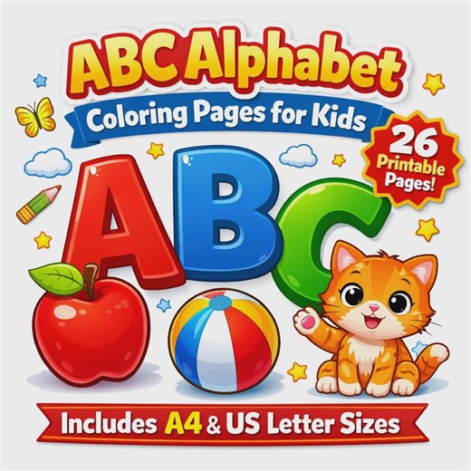 Alphabet Coloring Pages for Kids, Printable ABC Letters A–Z, Preschool Toddler Activity, Easy Coloring Sheets, Instant Download A4&US Letter