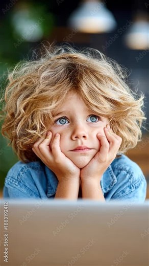 A young boy with blonde hair is sitting in front of a laptop computer. He looks sad and is holding his hands to his face