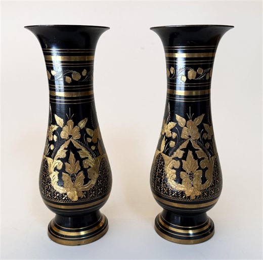 Vintage Pair Indian Brass Vases Black Lacquer Gold Etched Floral | Mid Century Boho Decor