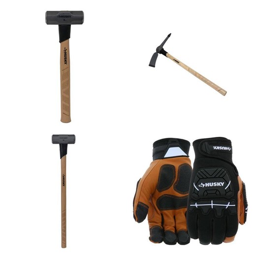 Husky 4 lb. Hammer 16 in., 5 lb. Mattock 36 in., 10 lb. Sledgehammer 35 in., Leather Glove - The Home Depot