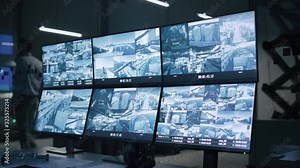 Industry 4.0 Modern Factory: Security Control Room with Multipoke Computer Screens Showing Surveillance Camera Footage Feed. High-Tech Security