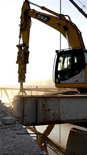 Crane driven hydraulic hammer smashing the old bridge deck 💥