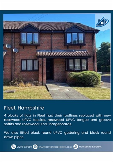MAKEOVER FOR 4 BLOCKS OF FLEET FLATS! 🏠 We had the privilege of working on these 4 great blocks of flats. We fitted rosewood UPVC fascias, over fascia ventilation systems, eaves protection systems, bird guard systems, rosewood UPVC tongue and groove soffits, black round UPVC guttering, black round downpipes, balloon guards, rosewood UPVC bargeboards and one piece box ends. We work on all residential Dorset and Hampshire properties! 📞 📧 #localrooflinespecialists #roofersinhampshire #fasciasand