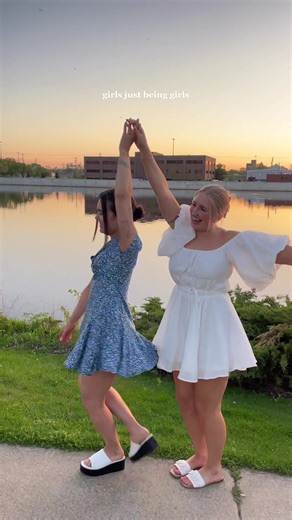 Twirling in Dresses with Best Friends at Sunset