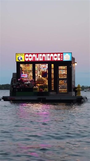 Global Convenience art installation floating on Lake Ontario by @treverferever @cchdean @puncturedesign @waterfront.to 📍25 Queen’s Quay West, Toronto ON - - - - - #toronto #torontoblogger #torontothingstodo #discoveron #cinema floating convenience store, Lake Ontario, Toronto Art installation