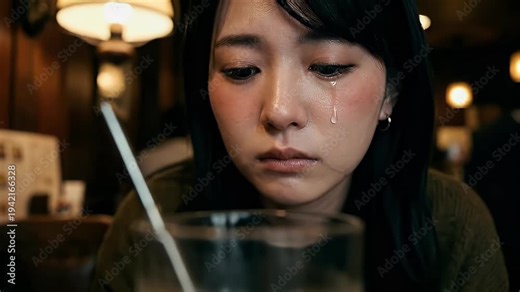 Depressed young Asian woman crying silently at cafe table with iced coffee conveying emotional pain