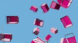 Purple plastic shopping baskets on pale blue background. Toon style abstract animation for background. Loop able.