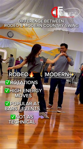 Salsa, Bachata & Swing in Utah | DF Dance Studio on Instagram: "Learn the key differences between Rodeo and Modern Country Swing in less than 30 seconds!🤩 Voiceover by: @winter_armstrongg and @innovative_dancing_king Want to put these styles to use? Come to our Country Swing classes happening every Monday and Wednesday! 📲Register here: dfdancestudio.com/country Don't forget TOMORROW is our first edition of Neon Swing Country Social starting at 8:30!🎉 Get tickets now: dfdancestudio.com/country
