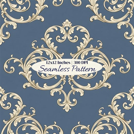 Vintage Blue Damask Seamless Pattern, Baroque Floral Digital Paper, Classic Victorian Scroll Wallpaper Design, Commercial Use Fabric Print