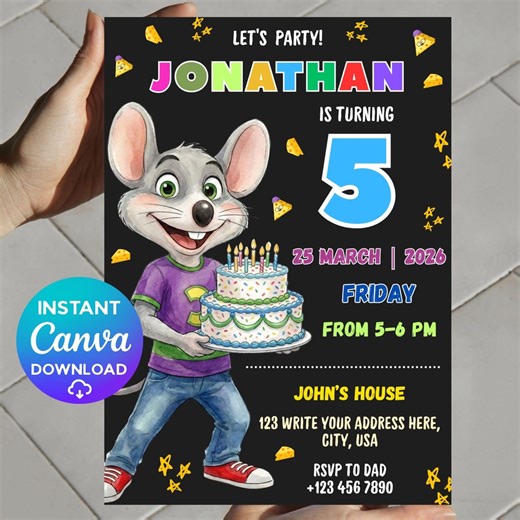 Chuck E Cheese Birthday Invitation, Chuck Evite, Printable Chuck Cheese Party Invite, Editable in Canva, Instant Download - Etsy