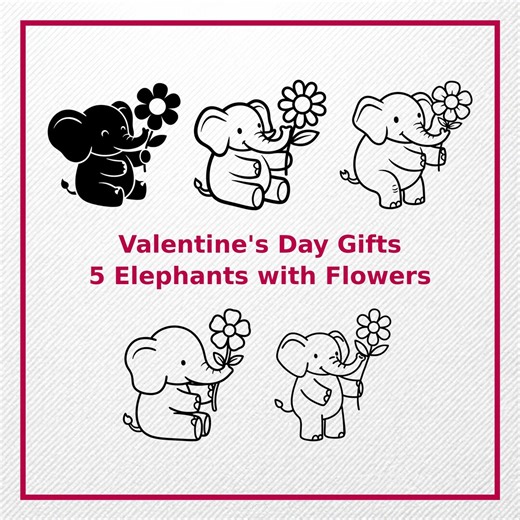 Valentine's Elephant With Flower SVG Bundle | 5 Vector Cliparts | Love Gift PNG EPS Dxf | Cricut Silhouette Cut Files - Etsy