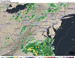 Increasingly likely that core of #Elsa will pass east of DC and we'll just get grazed by showers on its periphery Thursday afternoon/evening, with heavy rain confined to Va. Northern Neck, Southern Maryland and Delmarva. Updated forecast for DC: https://wapo.st/3yALjrN Pictured: forecast radar for Elsa through Friday morning. | Capital Weather Gang