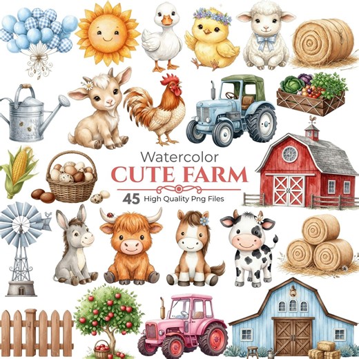 Cute Farm Clipart, Watercolor Clipart, Farm Animals PNG, Highland Cow, Tractor, Nursery, Baby Farm Animals, Commercial Use, Digital Download - Etsy