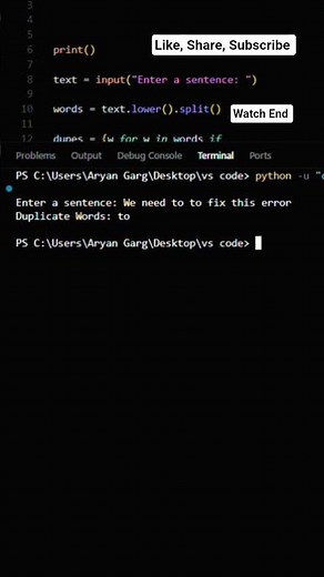 37/100—Python Code (Duplicate Word Finder) #codequest.#coding #python #cursor #ytshorts