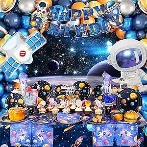 Space Themed Party Decorations, Outer Space Birthday Party Supplies, Include Banner, Balloons, Backdrop, Tableware, Cake Toppers for Kids