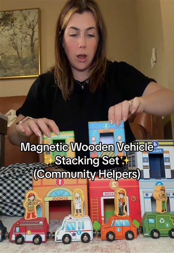 This magnetic wooden vehicle stacking set is such a fun toy for stacking, sorting and learning about community helpers! #stackingtoys #nestingboxes #sorting #magnetictoys #communityhelpers