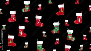 Animated Ornamental Christmas Socks Pattern Design Template. Motion Pattern Signboard Texture. 4K Animated Socks Rotating and Isolated on Black Background. Christmas and New Year Backdrop Design.