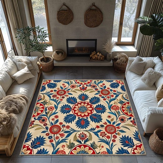 Traditional Medallion Area Rug - Blue Red Tribal Pattern - Etsy