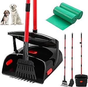 PLOEOUA Pooper Scooper for Large Dogs Heavy Duty, Dog Pooper Scooper for Medium Small Dogs with Long Handle to Clean Pet Waste, Swivel Bin & Rake & Spade with 40 Waste Bags for Yard Outdoor(Red)