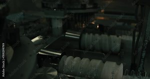 Chain-line factory machine produces small plastic containers in a bottler. These containers glide along a massive conveyor belt industrious ambiance of the environment production