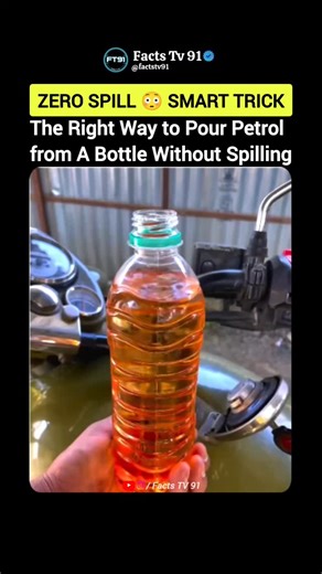 Mr. Raja Kumar on Instagram: "Pouring petrol from a bottle usually causes spills because air gets trapped inside. This simple method controls airflow, allowing fuel to pour smoothly and steadily — without splashing or wasting a drop. It’s a small trick, but based entirely on basic fluid physics. In this video: • Petrol pouring without spilling • Airflow control in liquid containers • Simple physics in daily life • Smarter way to handle fuel 👉 Subscribe to Facts TV 91 for smart hacks, real-world
