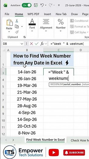 How to Find Week Number from Any Date in Excel ⚡| WEEKNUM Formula Task | #excel #exceltricksandtips