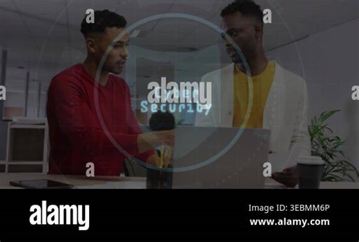 Animation of cyber security text, thumbprint icon, diverse coworker discussing over laptop in office. Digital composite, protection, privacy, data, biometric, technology, business, teamwork Stock Video Footage - Alamy